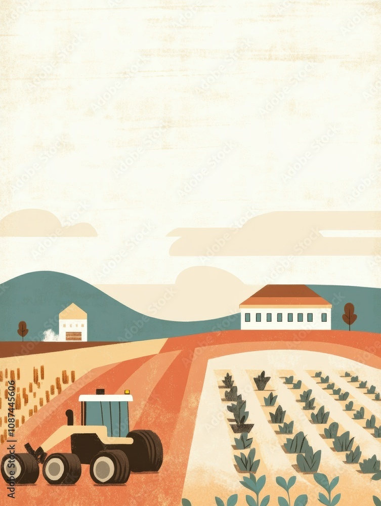 Poster robotic machines are actively engaged in planting and harvesting crops on a well-maintained farm sur