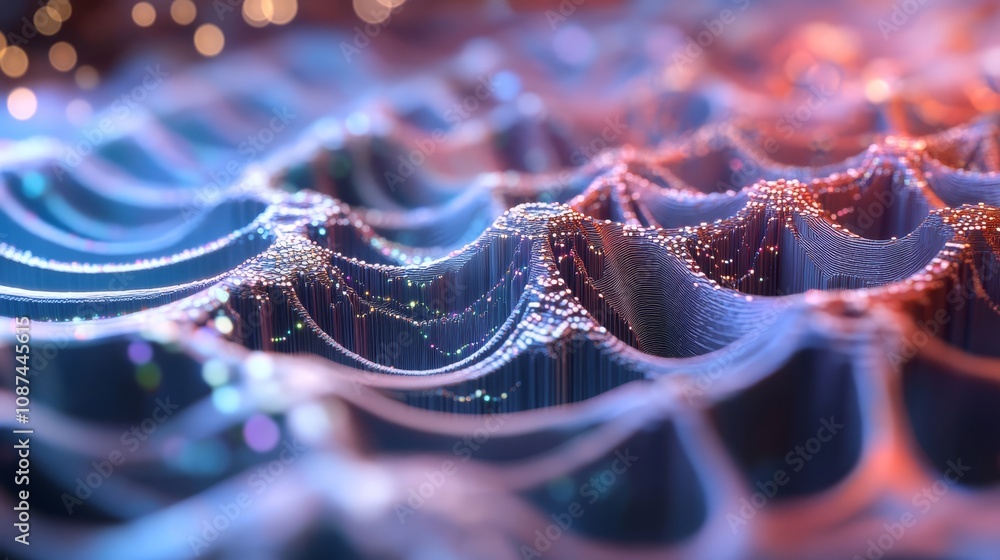 Poster colorful particle lines flow and form an abstract waveform, symbolizing data transmission in a vibra