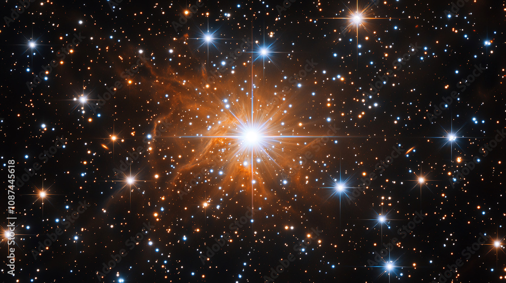 Poster A stunning view of a bright star surrounded by celestial objects in deep space, captured with stunning clarity and detail. Generative AI