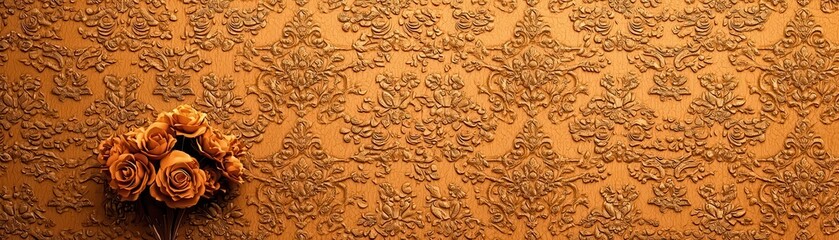 Elegant vintage wallpaper adorned with delicate floral patterns, complemented by a cluster of soft, golden roses.