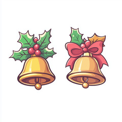Golden Christmas bells with holly and red bow illustration