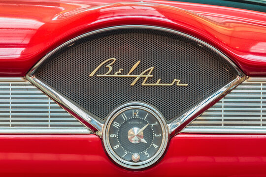 Dashboard detail of a red 1956 Chevrolet Bel Air Convertible classic car  in the Dutch village of Drempt, The Netherlands on November 19, 2014