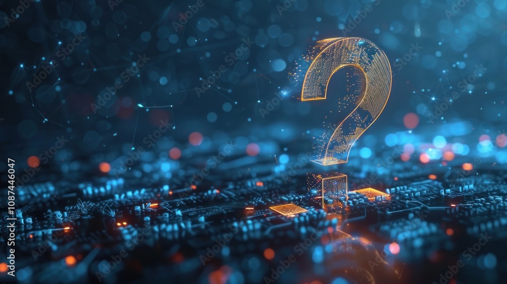 Poster a glowing question mark symbol on a circuit board background.