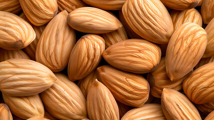 Close up of pile of almonds, showcasing their unique textures and colors