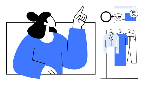 Woman pointing up toward an online job opening while clothes on hangers present career choices. Ideal for job search, career planning, employability, decision making, guiding, employment tips