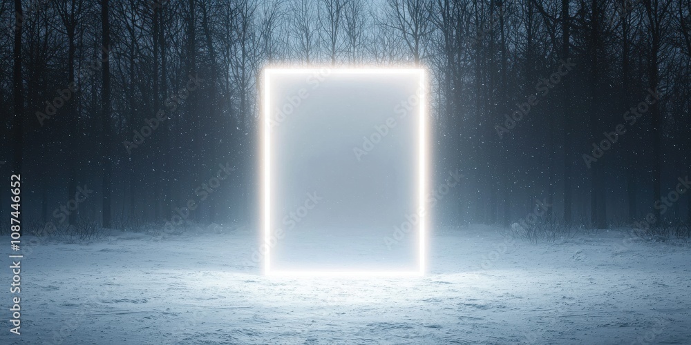 Poster a glowing rectangular portal stands in a snowy, dark forest, creating a mystical and ethereal atmosp