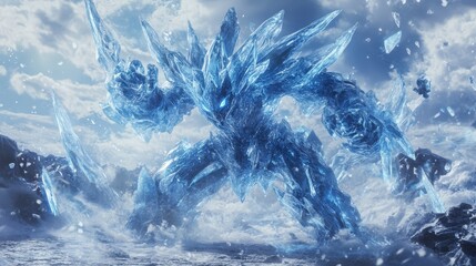 Naklejka premium Powerful ice giant emerges from a frozen wasteland, showcasing its immense strength and chilling presence in a captivating fantasy scene