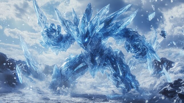 Powerful ice giant emerges from a frozen wasteland, showcasing its immense strength and chilling presence in a captivating fantasy scene