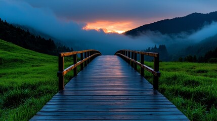 Fototapeta premium A serene wooden bridge leads through lush green grass, framed by misty mountains and a vibrant sunset, creating a tranquil atmosphere.