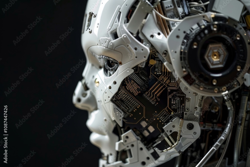 Poster a close-up of a robot's circuitry, an image of a robot head adorned with various electronic componen