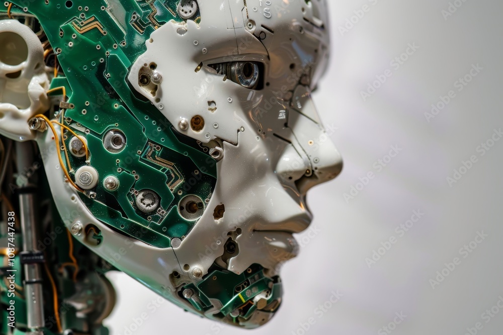 Poster a close-up of a robot's circuitry,detailed view of a robot head featuring complex circuitry and wire
