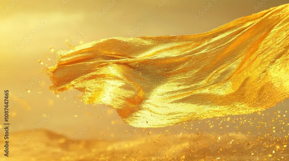 Poster golden fabric flowing and disintegrating into particles in a golden atmosphere, creating a luxurious