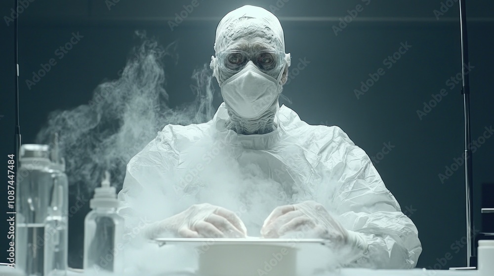 Poster masked scientist working with dry ice in laboratory