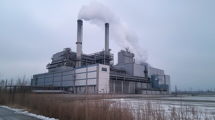 Obraz premium Power plant operating with smoke emissions on a cloudy day in winter, showcasing industrial activity and infrastructure