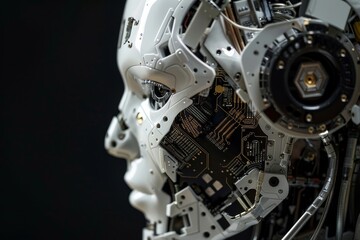 Fototapeta premium A close-up of a robot's circuitry, An image of a robot head adorned with various electronic components and wires, illustrating modern robotic engineering.