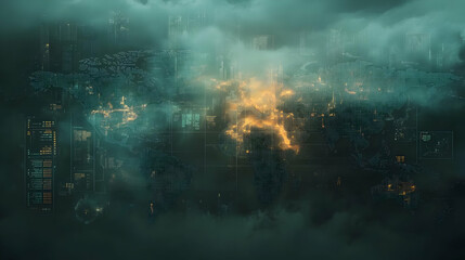 A dramatic aerial view of a futuristic city engulfed by dark clouds and illuminated by fiery bursts of light.