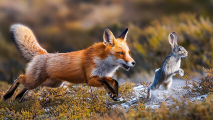 The fox is hunting the hare.