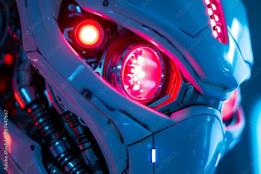 Poster a close-up on the illuminating eyes of a robot ,close-up of futuristic robot head with glowing red e