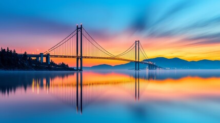A stunning sunset view of a bridge reflecting in calm waters, surrounded by mountains and trees, creating a picturesque landscape.