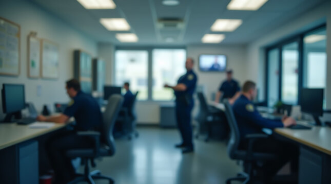 Blurred image of a police station office, working officers