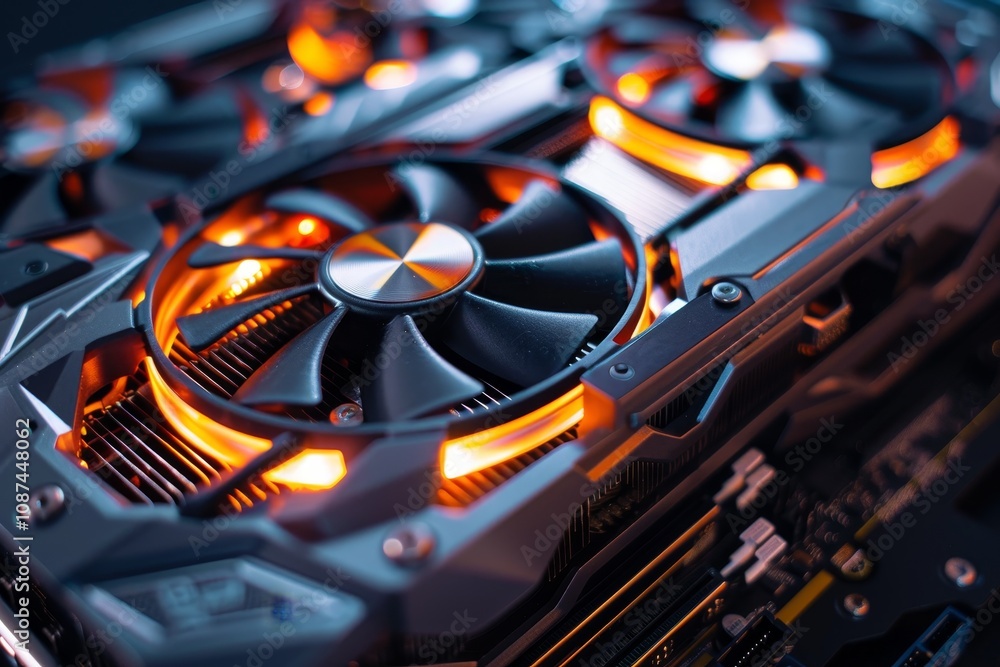 Poster a close-up view of a graphics card ,computer graphics card on color background.