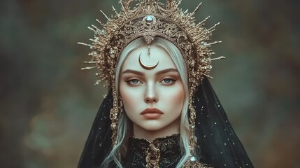 Portrait of a woman with a celestial crown, crescent moon adornment, and intricate gold details, evoking mysticism and elegance.