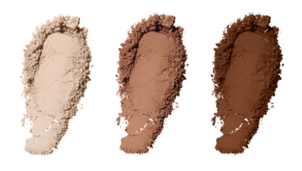 Set swatch texture of brown and beige loose powder for face makeup on an isolated white background. For light, medium and dark skinned women. Eye shadow or sculptor or bronzer