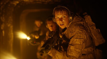 Intense Escape: Survivors Hiding from Alien Patrol in Cinematic Light