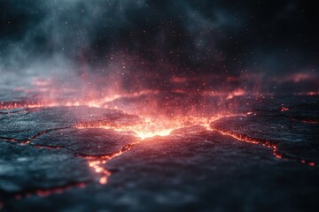 A fractured landscape of shattered textures, jagged edges, and glowing molten trails, surrounded by smoky highlights and muted gradients