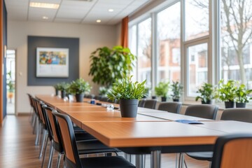 Fototapeta premium A spacious conference room featuring a long wooden table surrounded by plants and sunlight.