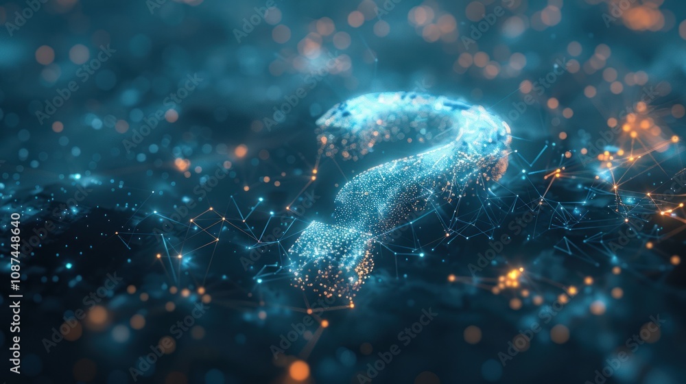 Poster a question mark made of glowing blue particles and lines, surrounded by a network of smaller lights.