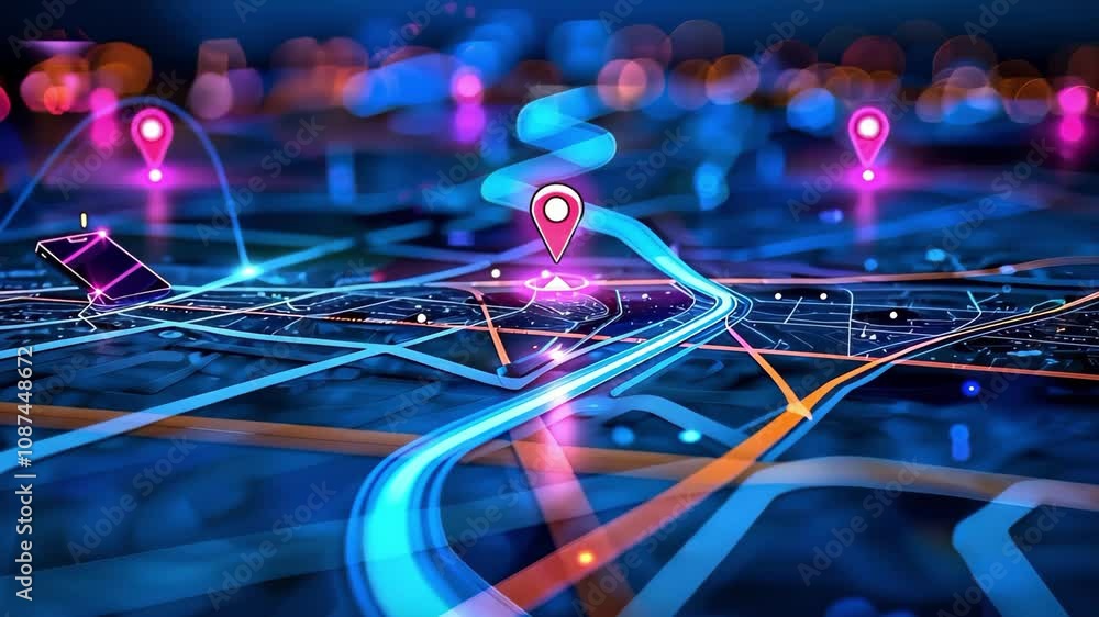 Poster a digital map with glowing pathways and location markers, suggesting navigation or a smart city conc