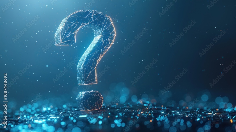 Poster a glowing blue question mark made of lines and dots against a dark blue background with light bokeh.