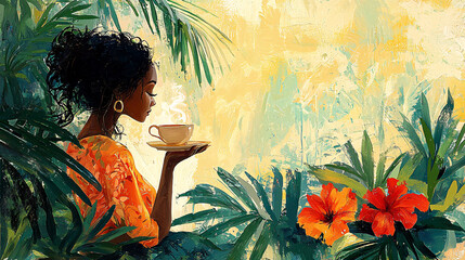 Woman enjoying a quiet morning alone, sipping tea in the comfort of her tropical resort, surrounded by green foliage and colorful flowers