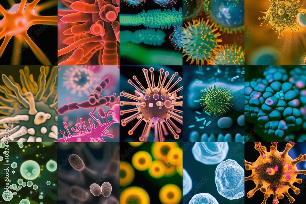 Aufkleber a collage of microscopic images of various pathogens ,a collage showcasing various types of cells, h