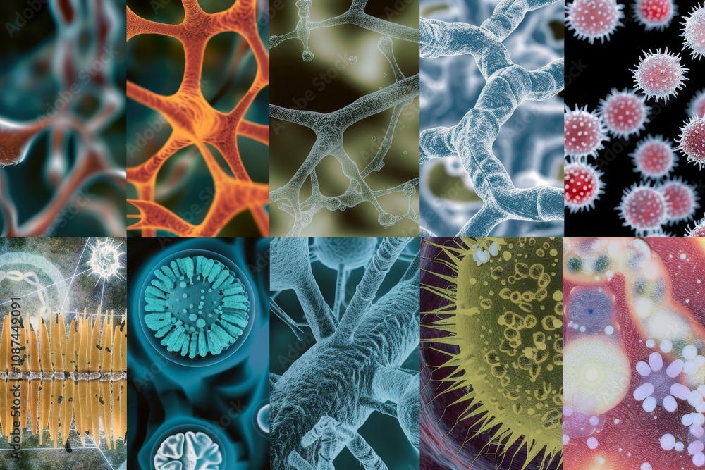 Aufkleber a collage of microscopic images of various pathogens ,a collage showcasing various types of cells, h