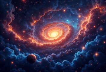 Obraz premium Vivid spiral galaxy surrounded by colorful clouds and a distant planet in a cosmic scene