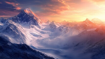 Majestic sunrise over a snow-covered mountain range with vibrant colors illuminating the landscape in a serene wilderness