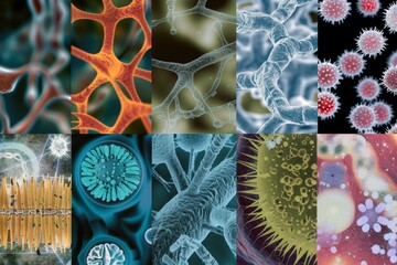 A collage of microscopic images of various pathogens ,A collage showcasing various types of cells, highlighting their unique structures and functions in a vibrant arrangement.
