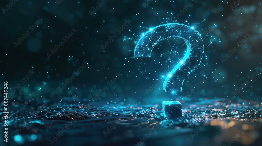 Poster a glowing question mark made of connected points stands on a block with a dark blue background.