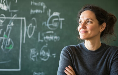 professeure scientifique confiante se tenant devant un tableau noir avec formule scientifique écrite