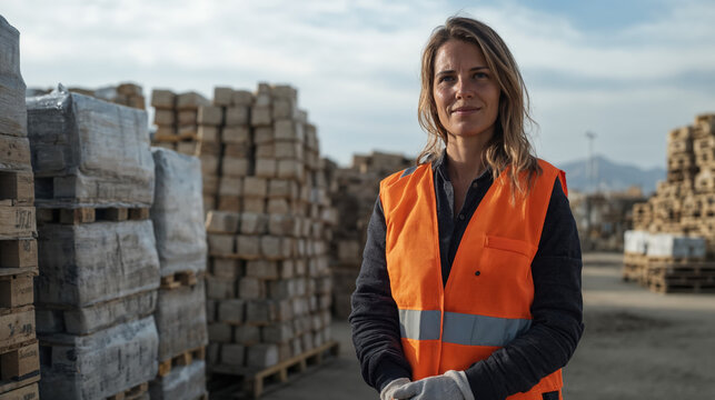 Femme portant un gilet de s&eacute;curit&eacute; sur un parc de mat&eacute;riaux de construction.
