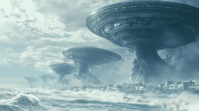 Invasion of the Coastal Town - Surreal Panoramic Scene with Alien Ships Emerging from the Ocean, Waves Crashing, Chaos Unfolding, Ultra-Detailed, Cinematic Light