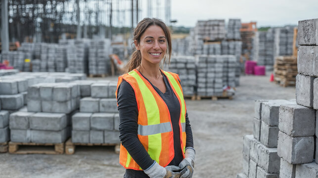 Femme portant un gilet de s&eacute;curit&eacute; sur un parc de mat&eacute;riaux de construction.
