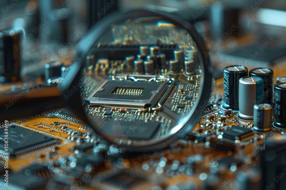 Poster an electronic circuit board showcasing intricate pathways and components, symbolizing modern technol