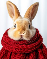 Fototapeta premium Christmas rabbit wearing knitted clothes A cute rabbit wearing a cozy red scarf, showcasing its adorable features against a soft, neutral background.