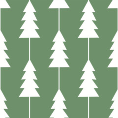 Obraz premium Christmas wrap. Seamless pattern of white Christmas trees on green background. Minimalistic scandinavian design, perfect for wrapping paper, wallpapers, holiday decor, textile. Vector illustration.