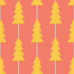 Christmas wrap. Seamless pattern of yellow Christmas trees on coral red background. Minimalistic scandinavian design, perfect for wrapping paper, holiday decor, textiles. Vector illustration.