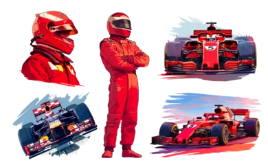Naadloos Fotobehang Airtex Racer in red overalls. racing sports car, pilot race speed competition formula 1 dangerous fast extreme sport concept set vector illustration © ssstocker