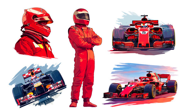 Racer in red overalls. racing sports car, pilot race speed competition formula 1 dangerous fast extreme sport concept set vector illustration